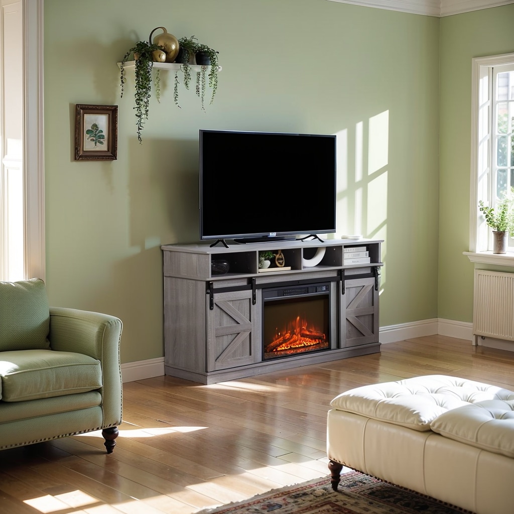 Modern Farmhouse TV Media Stand, Large Barn Inspired Home Entertainment Console, with 23" Fireplace Insert, for TV Up to 65'', with Open Shelves and Closed Cabinets, Grey